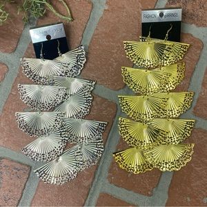 Womens Set Of 2 LONG Silver & Gold Toned Fashion Fan Earrings.